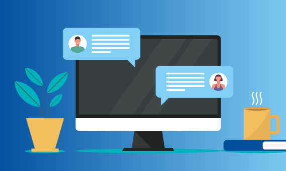 Grafische Darstellung eines Computerbildschirms mit Chatblasen, Aktenordner und Pflanzen im Vordergrund – Symbol für digitales Anfragemanagement.